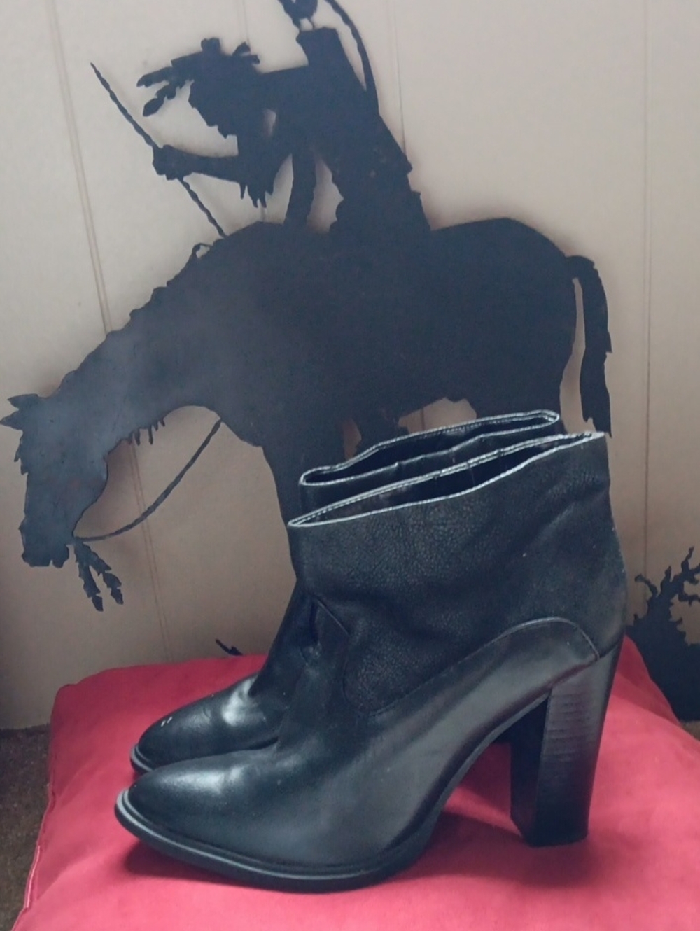 Crown Black Leather Ankle Boots with Stacked Heel